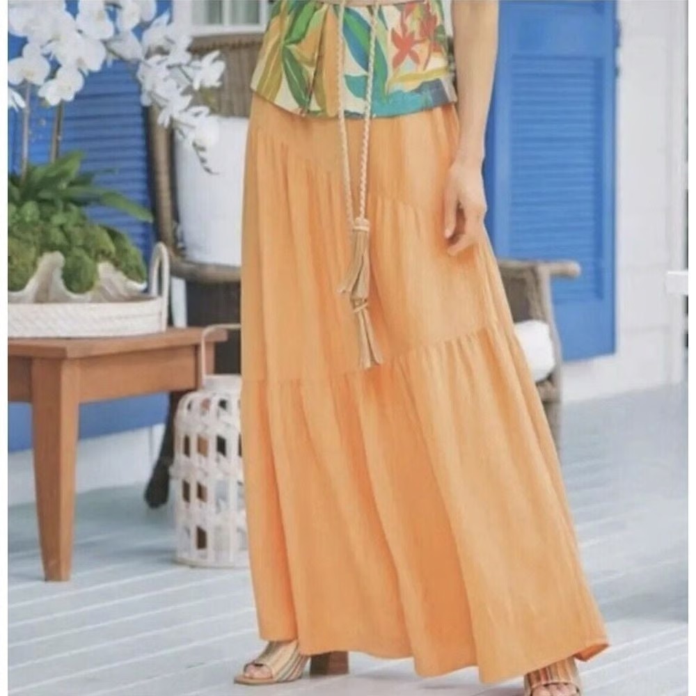Soft Surroundings Madison Gauze Maxi Skirt Medium Coral Tiered Boho Pull On